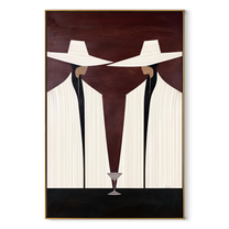Martini Stands Between Ivory - white suit martini pair painting by Elliot Vale, modern figurative vertical wall art – wood frame on white background