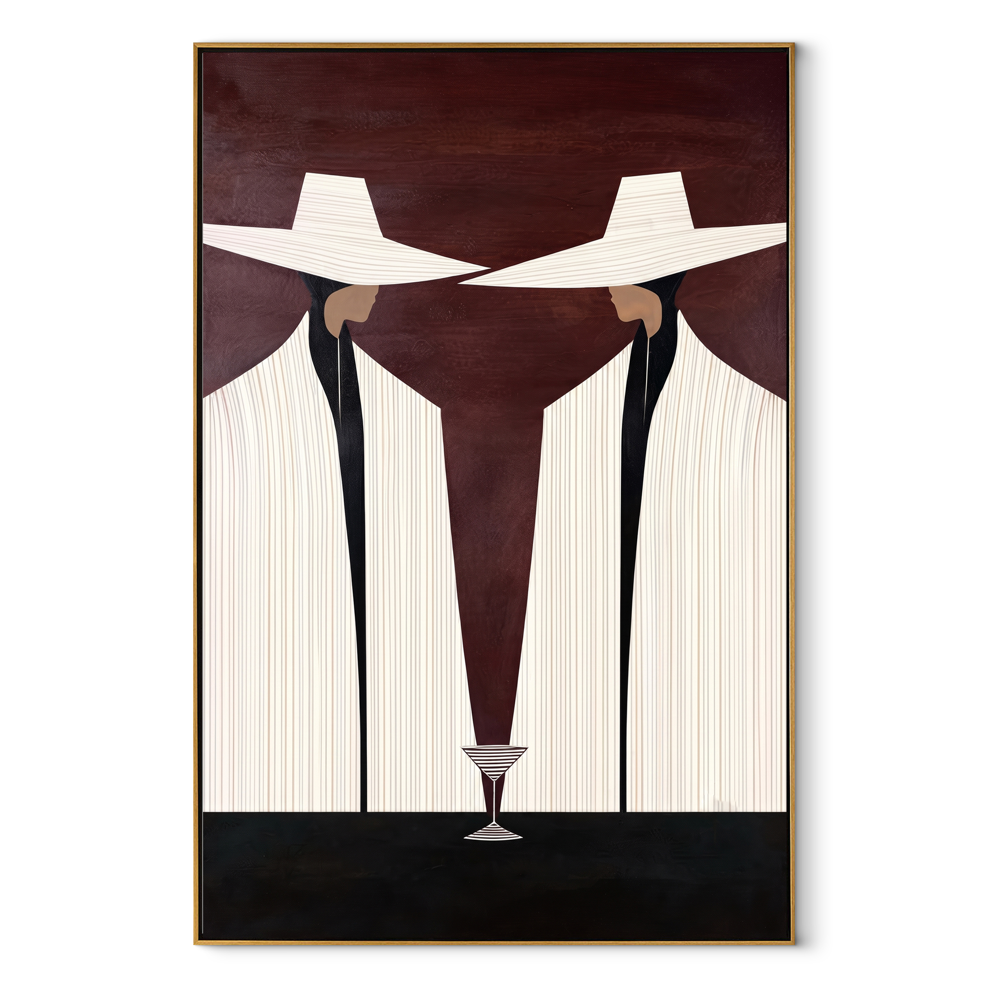 Martini Stands Between Ivory - white suit martini pair painting by Elliot Vale, modern figurative vertical wall art – wood frame on white background