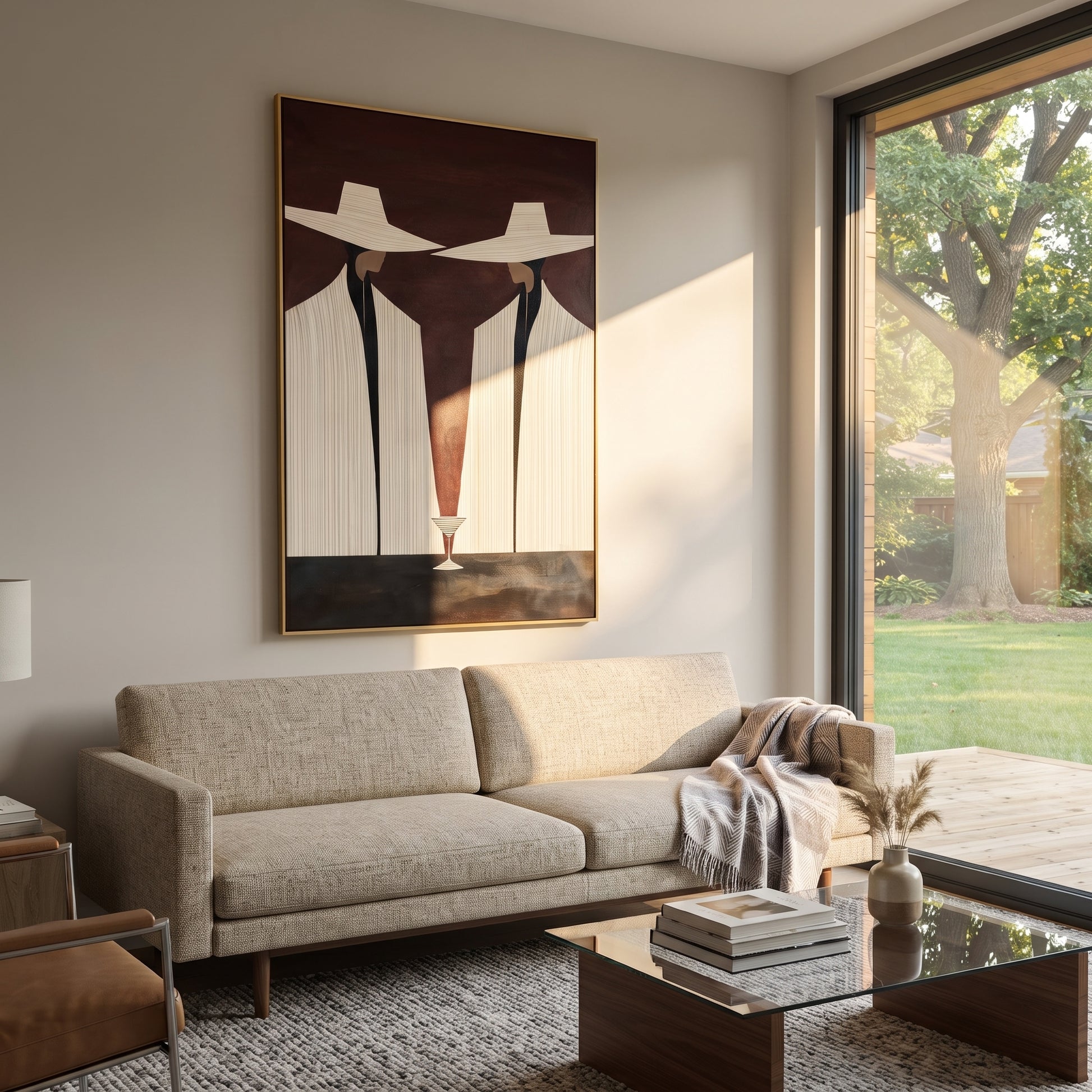 Martini Stands Between Ivory - white suit martini pair painting by Elliot Vale, modern figurative vertical wall art – styled room scene view 2