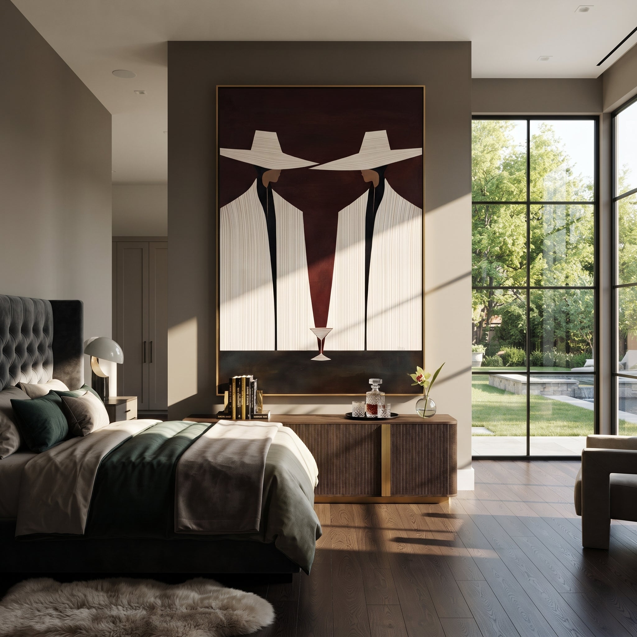Martini Stands Between Ivory - white suit martini pair painting by Elliot Vale, modern figurative vertical wall art – styled room scene view 3