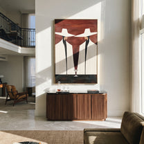Martini Stands Between Ivory - white suit martini pair painting by Elliot Vale, modern figurative vertical wall art – styled room scene view 4