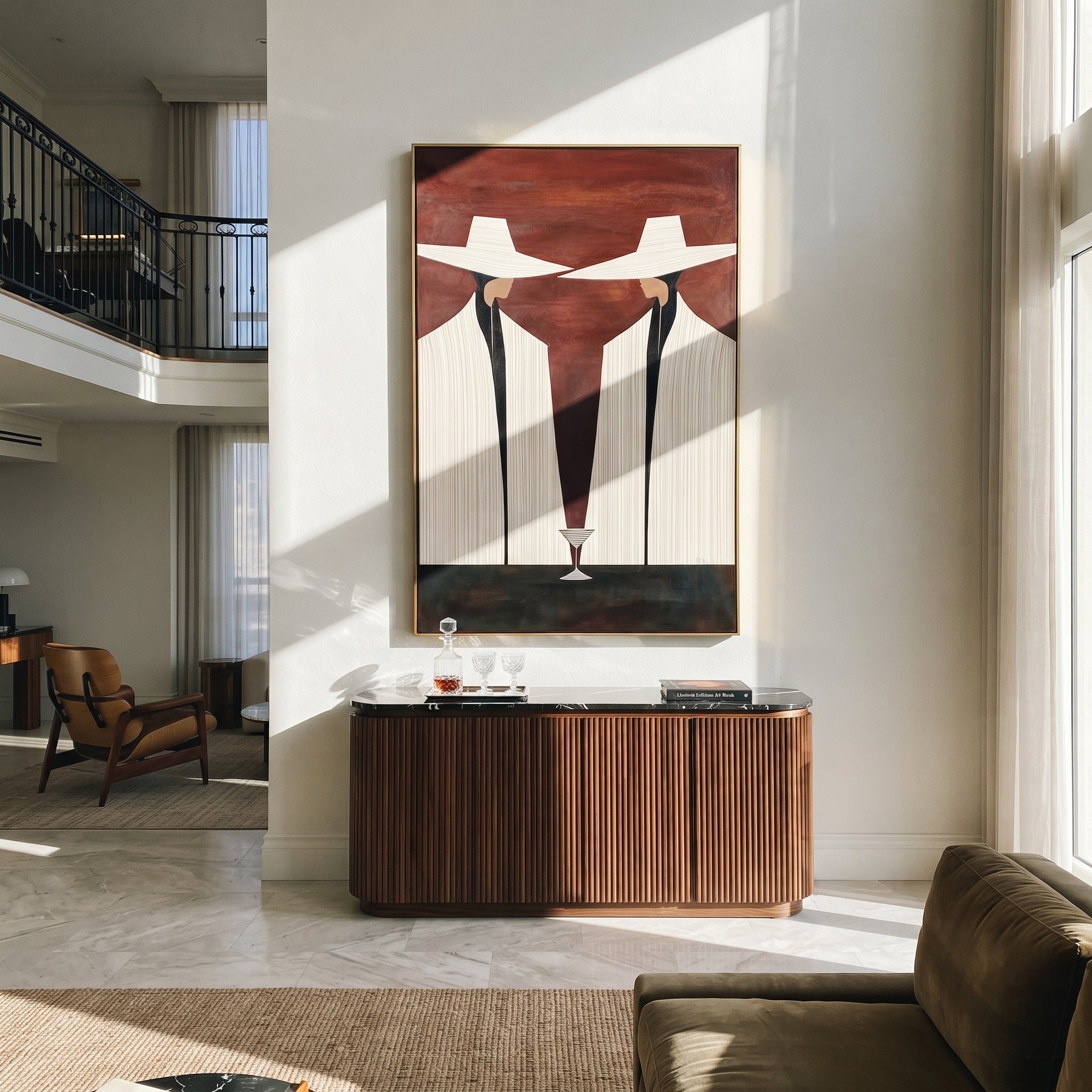 Martini Stands Between Ivory - white suit martini pair painting by Elliot Vale, modern figurative vertical wall art – styled room scene view 4