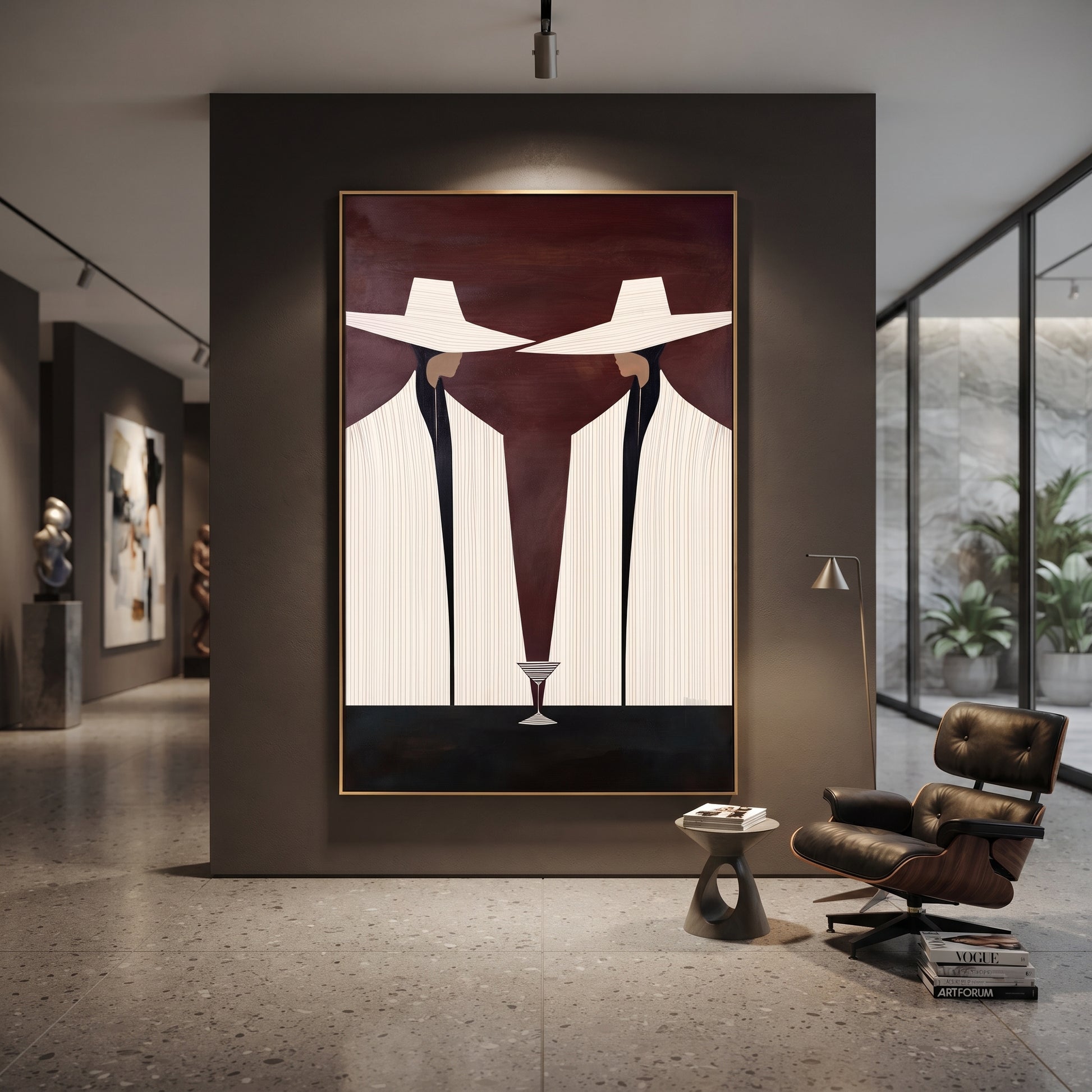 Martini Stands Between Ivory - white suit martini pair painting by Elliot Vale, modern figurative vertical wall art – styled room scene view 5