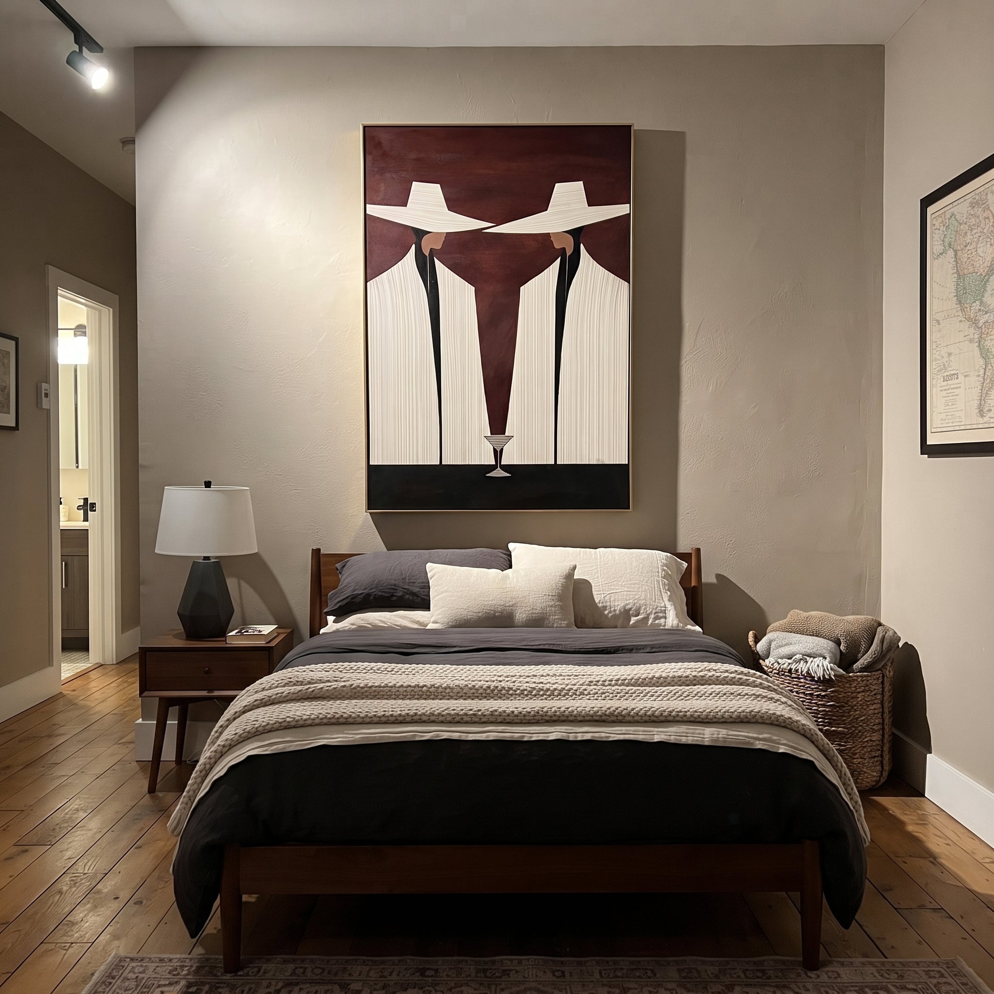 Martini Stands Between Ivory - white suit martini pair painting by Elliot Vale, modern figurative vertical wall art – styled room scene view 6