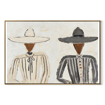 Gray Stripes Face Linen - neutral hat figure pair painting by Elliot Vale, modern figurative horizontal wall art – wood frame on white background