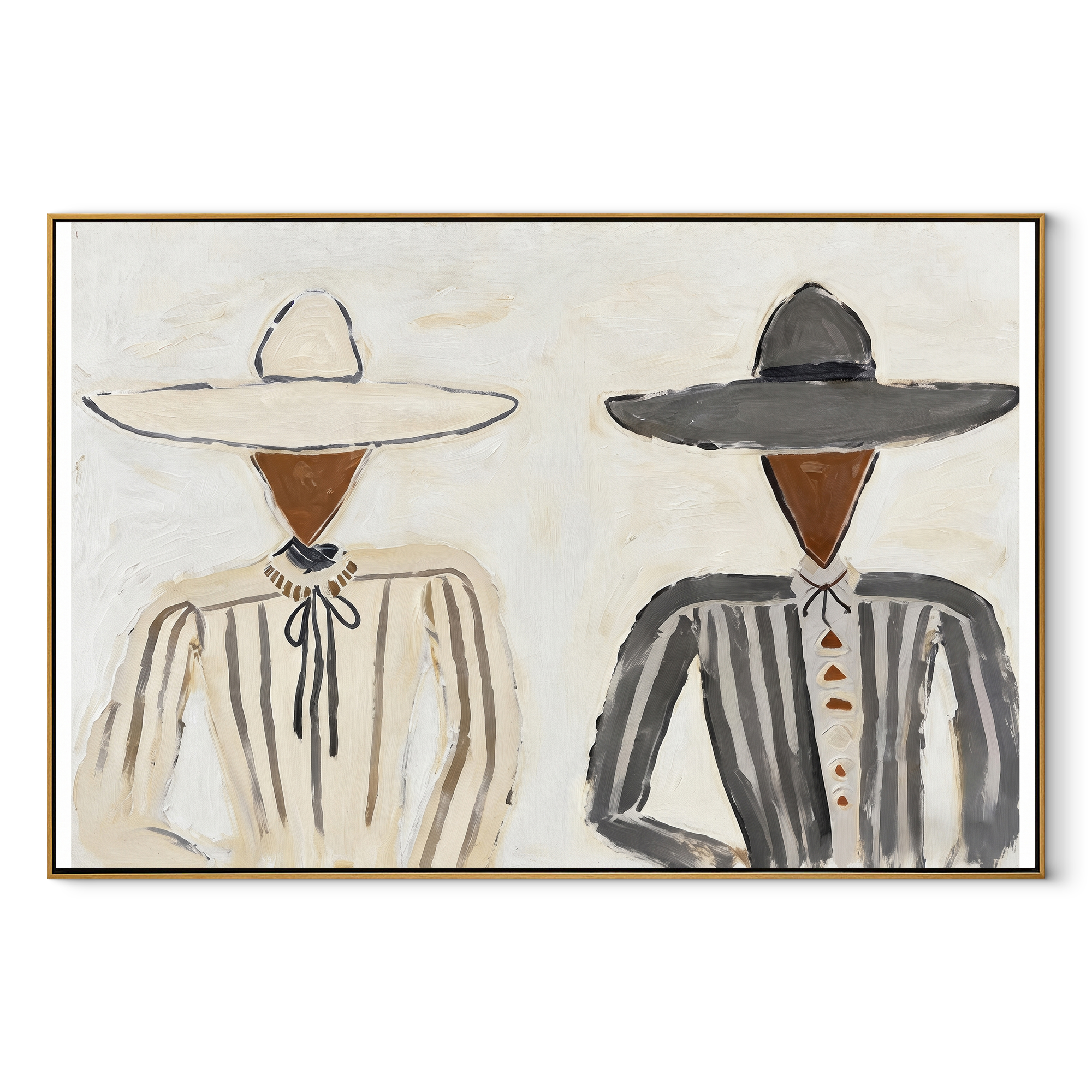 Gray Stripes Face Linen - neutral hat figure pair painting by Elliot Vale, modern figurative horizontal wall art – wood frame on white background