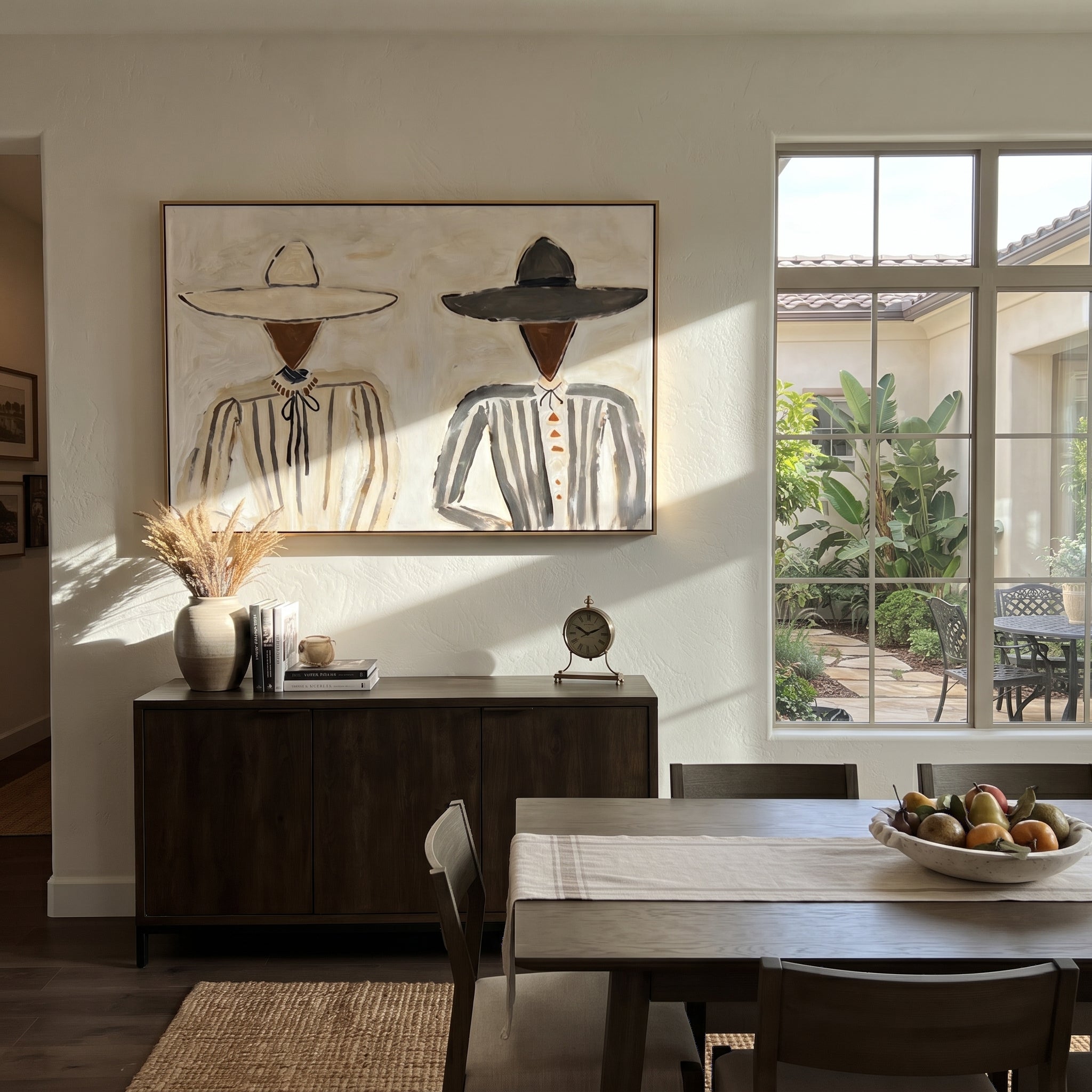 Gray Stripes Face Linen - neutral hat figure pair painting by Elliot Vale, modern figurative horizontal wall art – styled room scene view 2