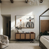Gray Stripes Face Linen - neutral hat figure pair painting by Elliot Vale, modern figurative horizontal wall art – styled room scene view 3