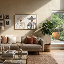 Gray Stripes Face Linen - neutral hat figure pair painting by Elliot Vale, modern figurative horizontal wall art – styled room scene view 5