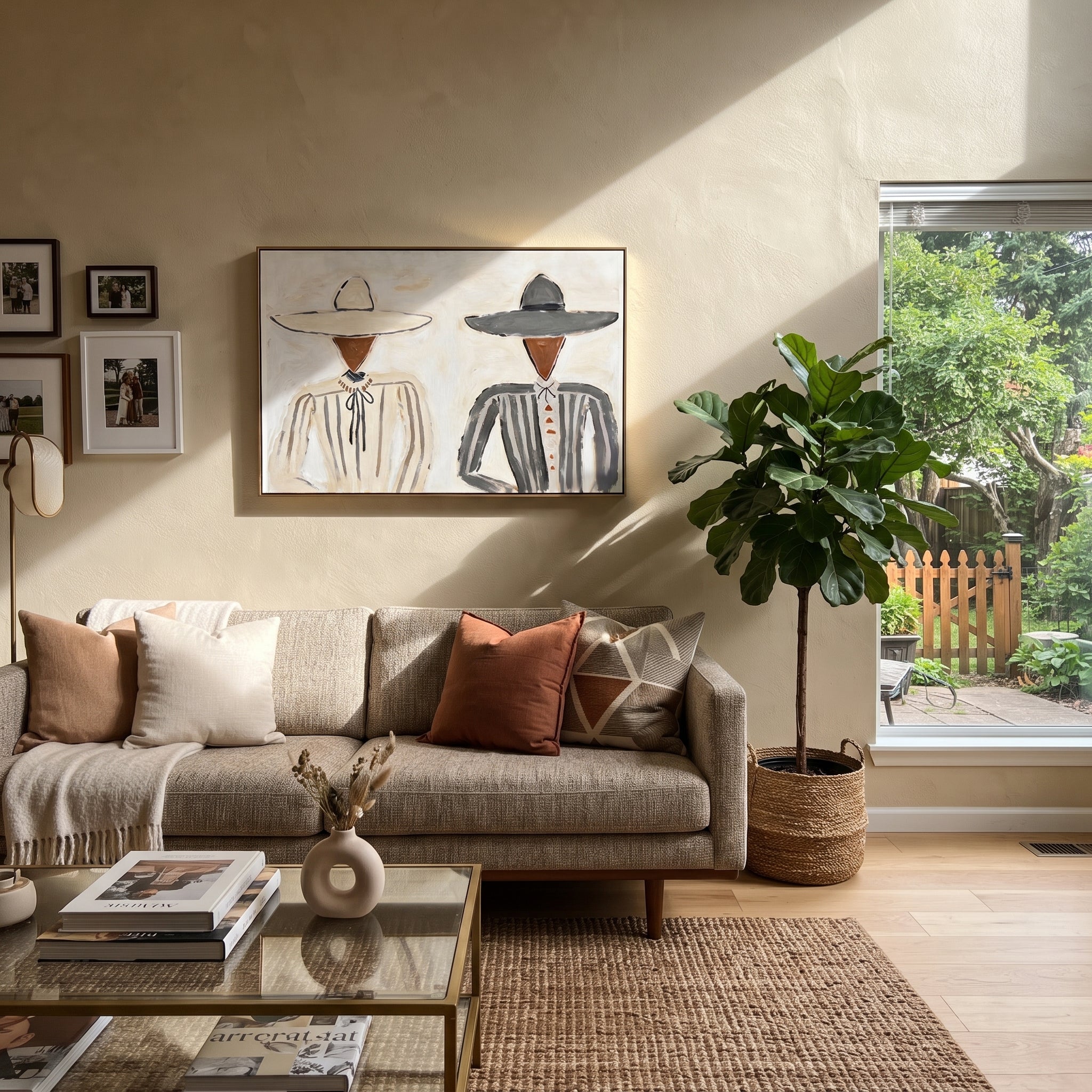 Gray Stripes Face Linen - neutral hat figure pair painting by Elliot Vale, modern figurative horizontal wall art – styled room scene view 5