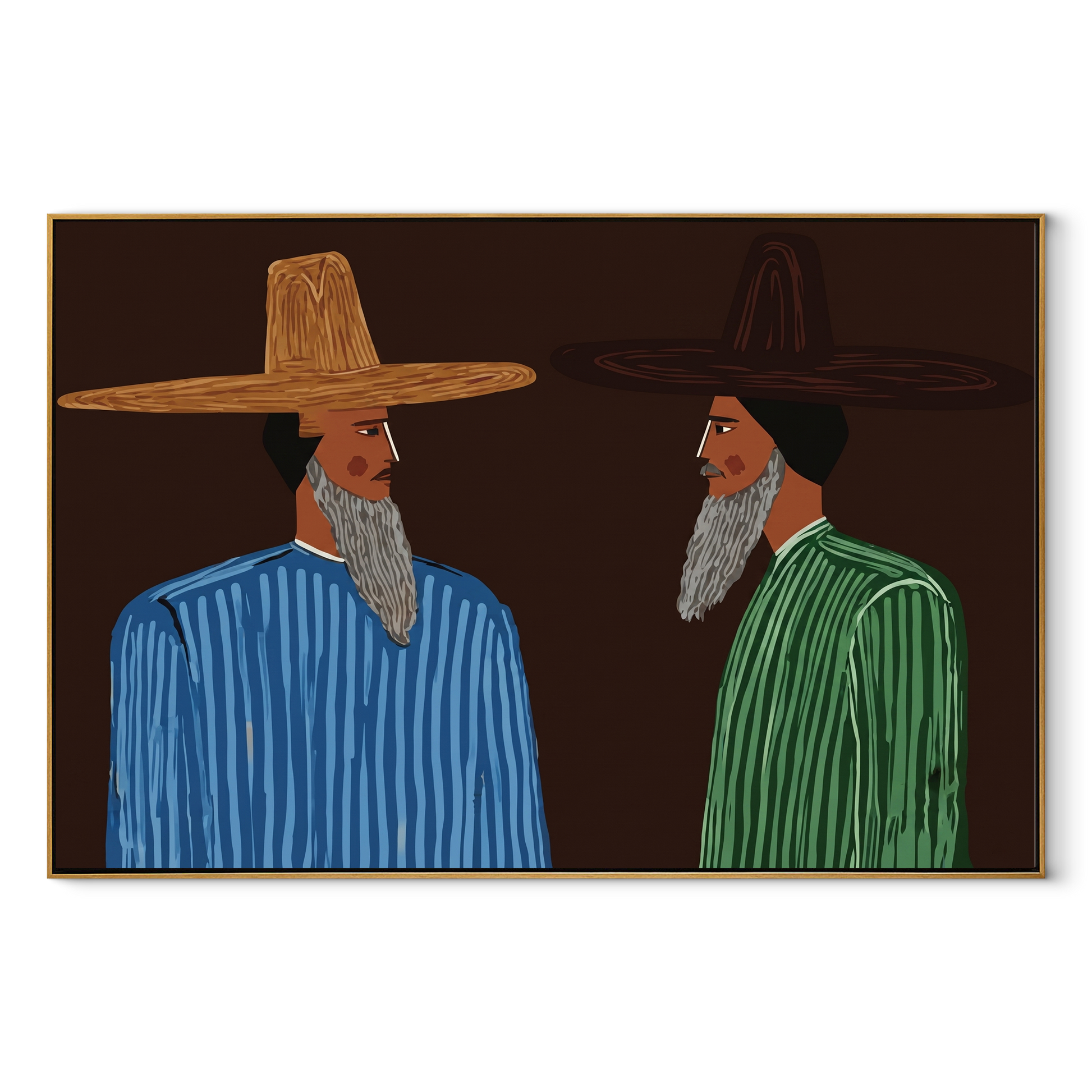 Beards Speak Across Night - bearded striped men painting by Elliot Vale, modern figurative horizontal wall art – wood frame on white background