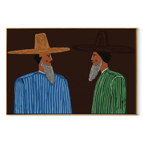 Beards Speak Across Night - bearded striped men painting by Elliot Vale, modern figurative horizontal wall art – wood frame on white background