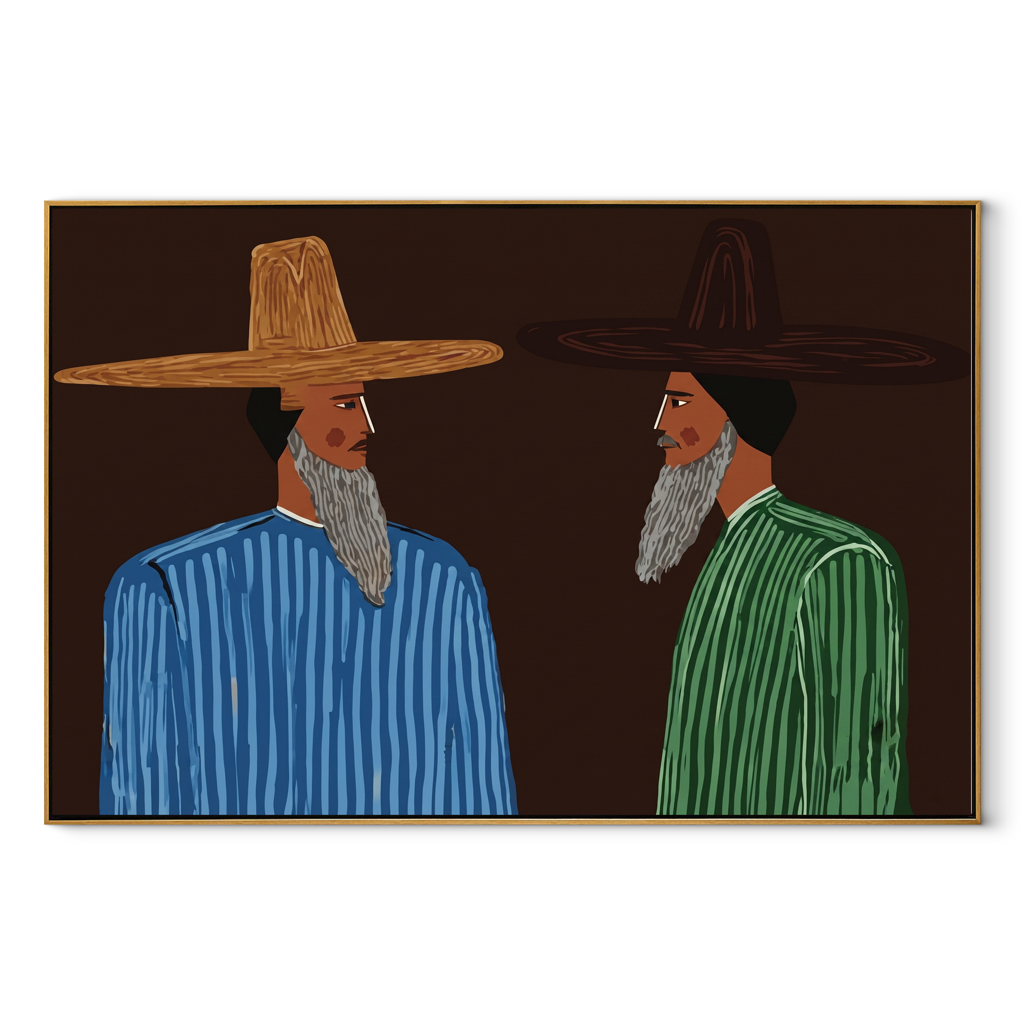 Beards Speak Across Night - bearded striped men painting by Elliot Vale, modern figurative horizontal wall art – wood frame on white background
