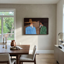 Beards Speak Across Night - bearded striped men painting by Elliot Vale, modern figurative horizontal wall art – styled room scene view 2