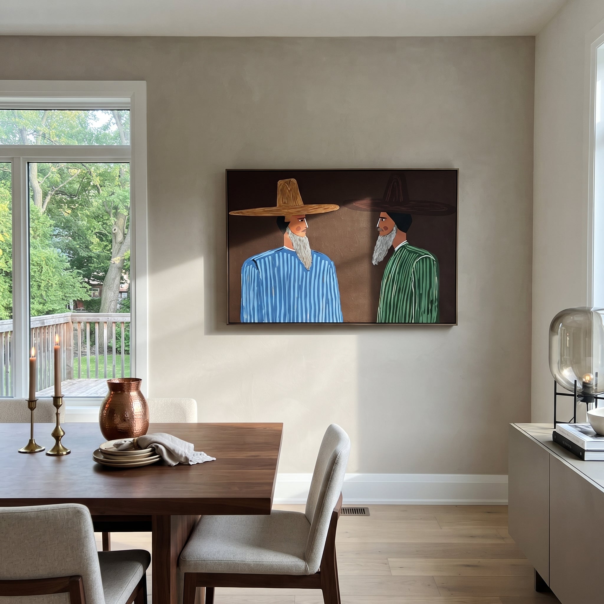 Beards Speak Across Night - bearded striped men painting by Elliot Vale, modern figurative horizontal wall art – styled room scene view 2