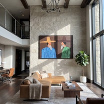 Beards Speak Across Night - bearded striped men painting by Elliot Vale, modern figurative horizontal wall art – styled room scene view 3