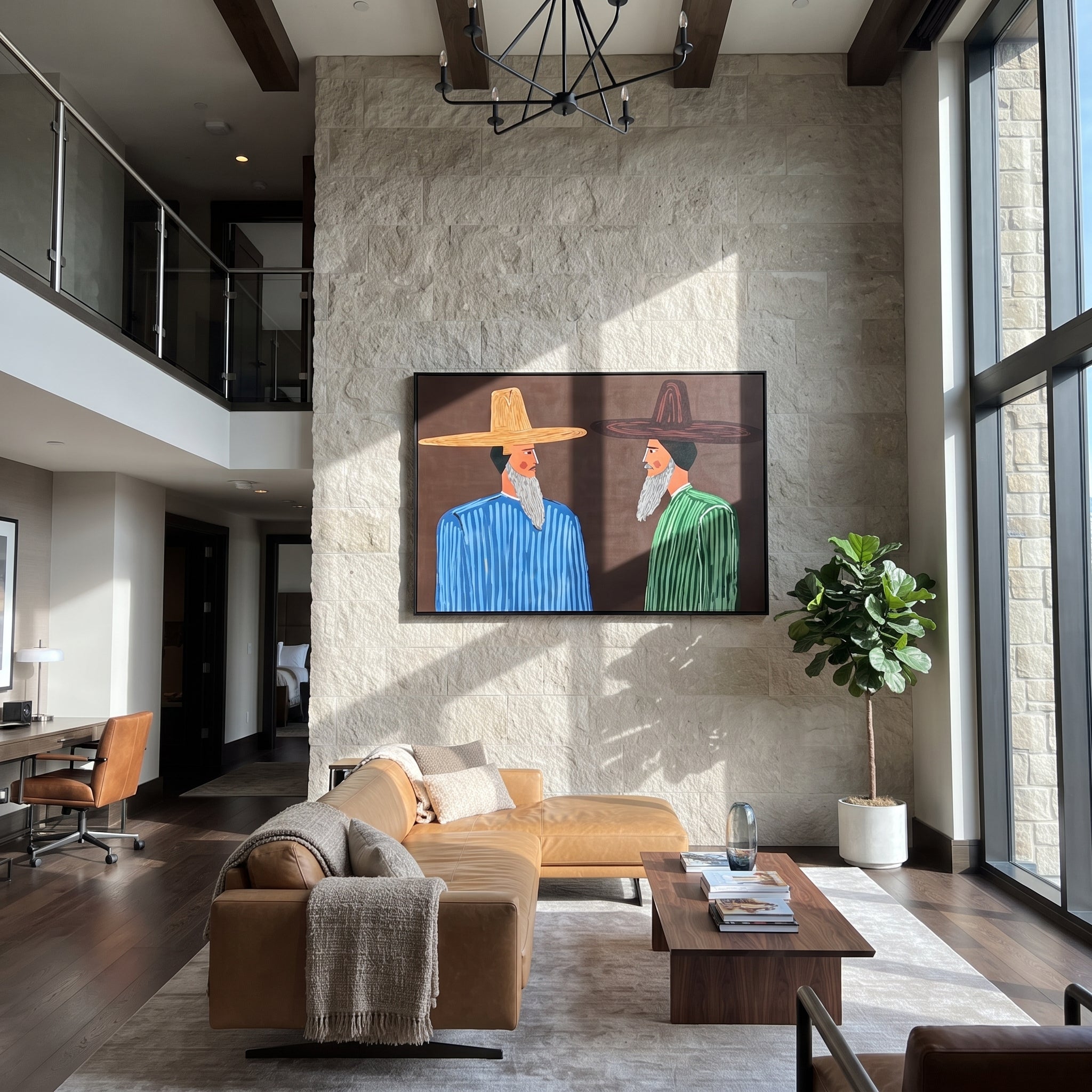 Beards Speak Across Night - bearded striped men painting by Elliot Vale, modern figurative horizontal wall art – styled room scene view 3