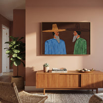 Beards Speak Across Night - bearded striped men painting by Elliot Vale, modern figurative horizontal wall art – styled room scene view 4