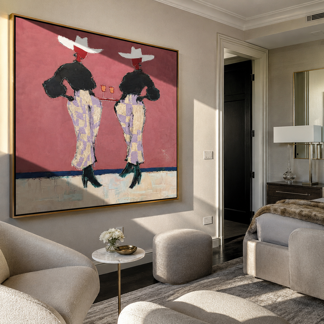 Two Glasses Mark Evening - cowgirl cocktail pair painting by Elliot Vale, modern figurative square wall art – styled room scene view 1
