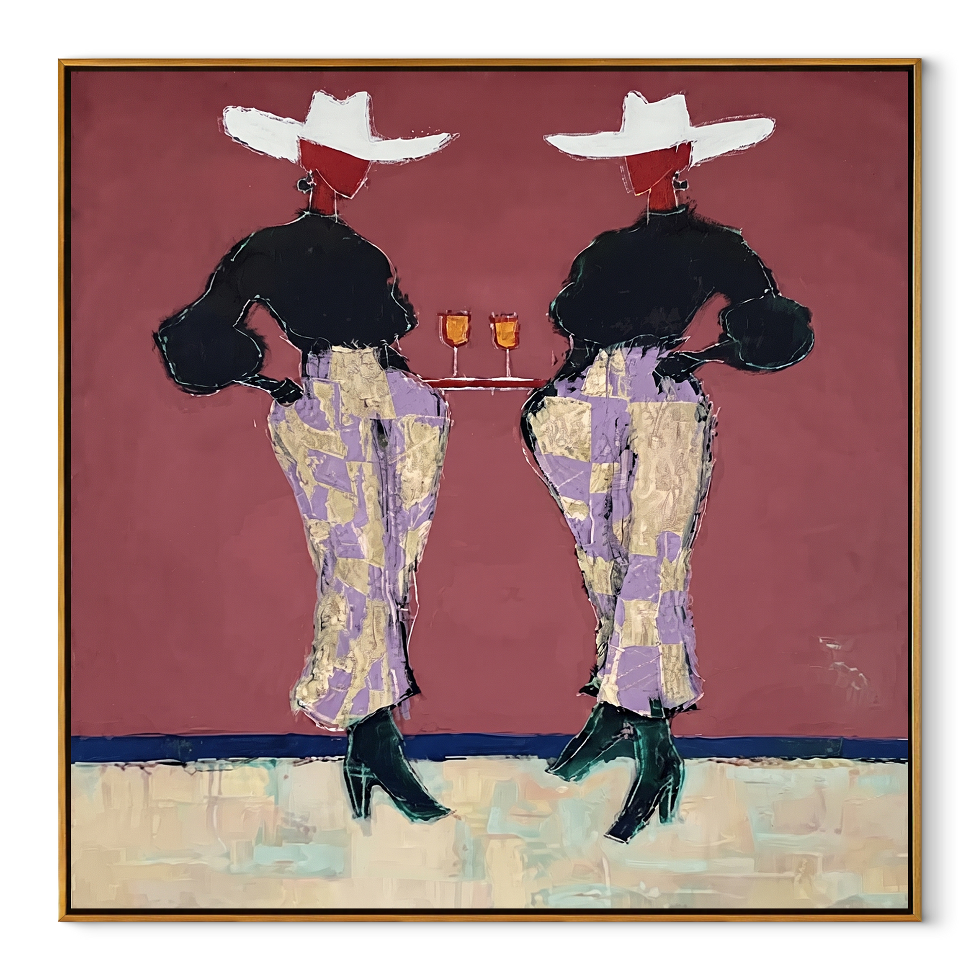 Two Glasses Mark Evening - cowgirl cocktail pair painting by Elliot Vale, modern figurative square wall art – wood frame on white background