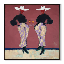 Two Glasses Mark Evening - cowgirl cocktail pair painting by Elliot Vale, modern figurative square wall art – wood frame on white background