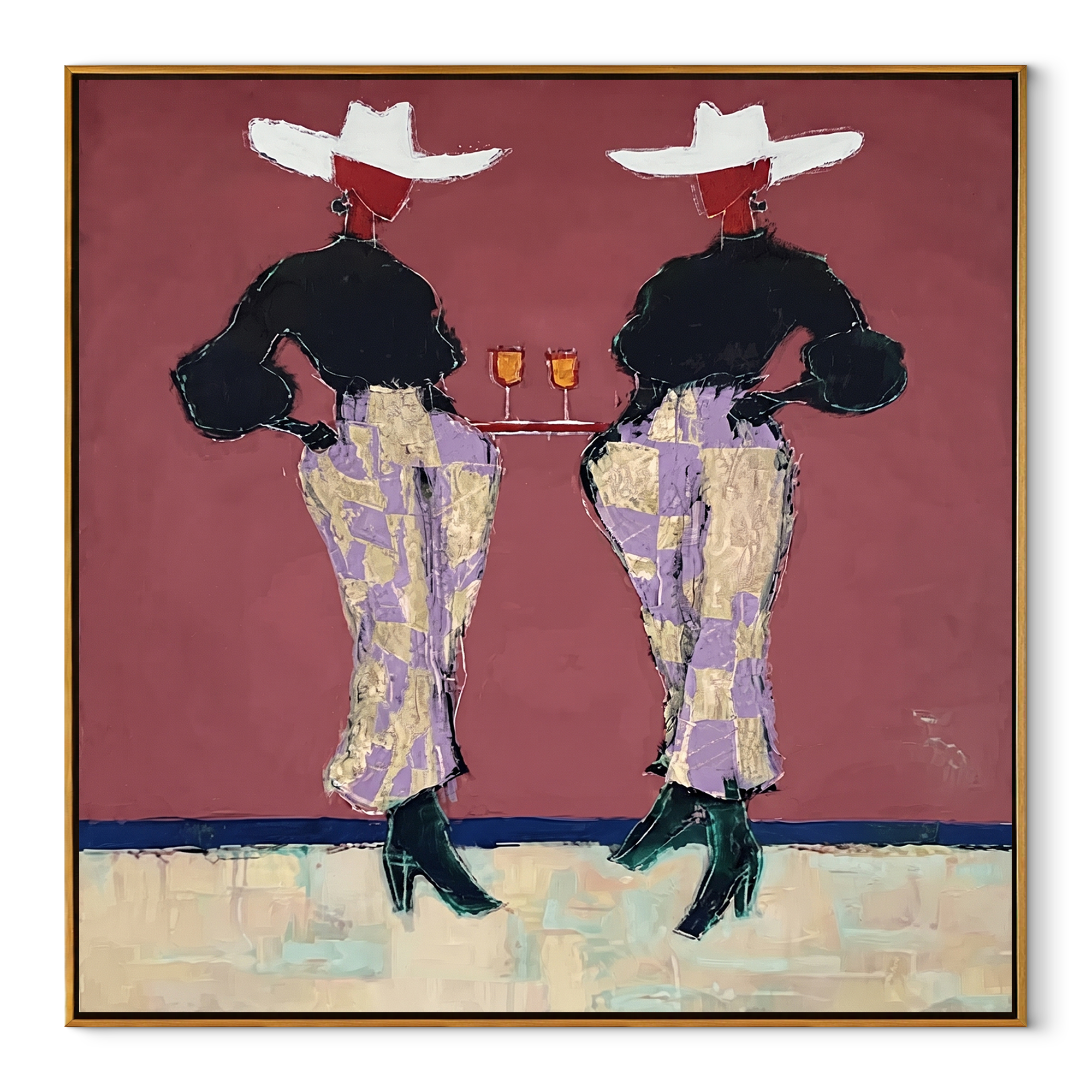 Two Glasses Mark Evening - cowgirl cocktail pair painting by Elliot Vale, modern figurative square wall art – wood frame on white background