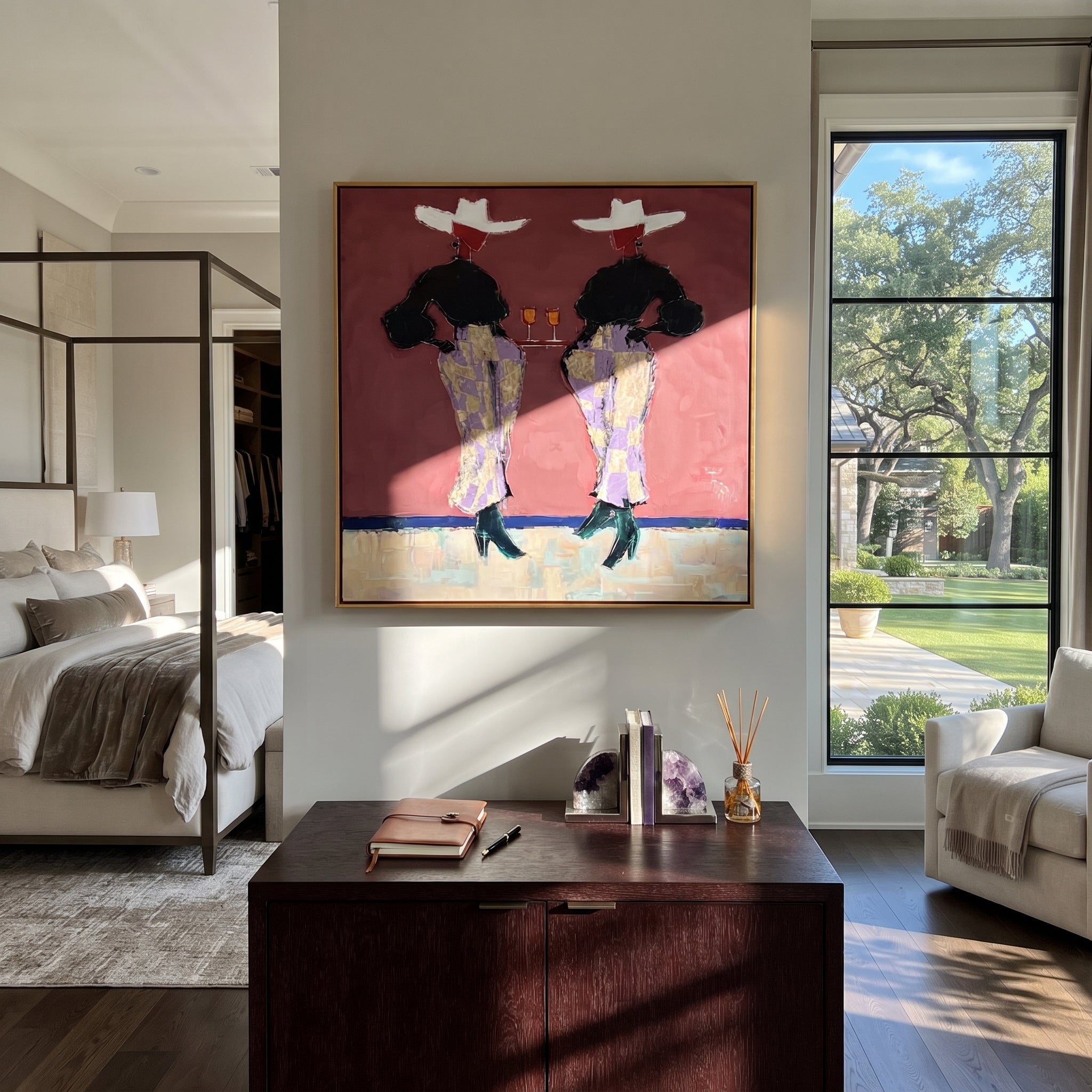 Two Glasses Mark Evening - cowgirl cocktail pair painting by Elliot Vale, modern figurative square wall art – styled room scene view 2