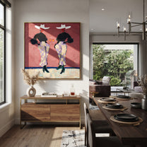 Two Glasses Mark Evening - cowgirl cocktail pair painting by Elliot Vale, modern figurative square wall art – styled room scene view 3
