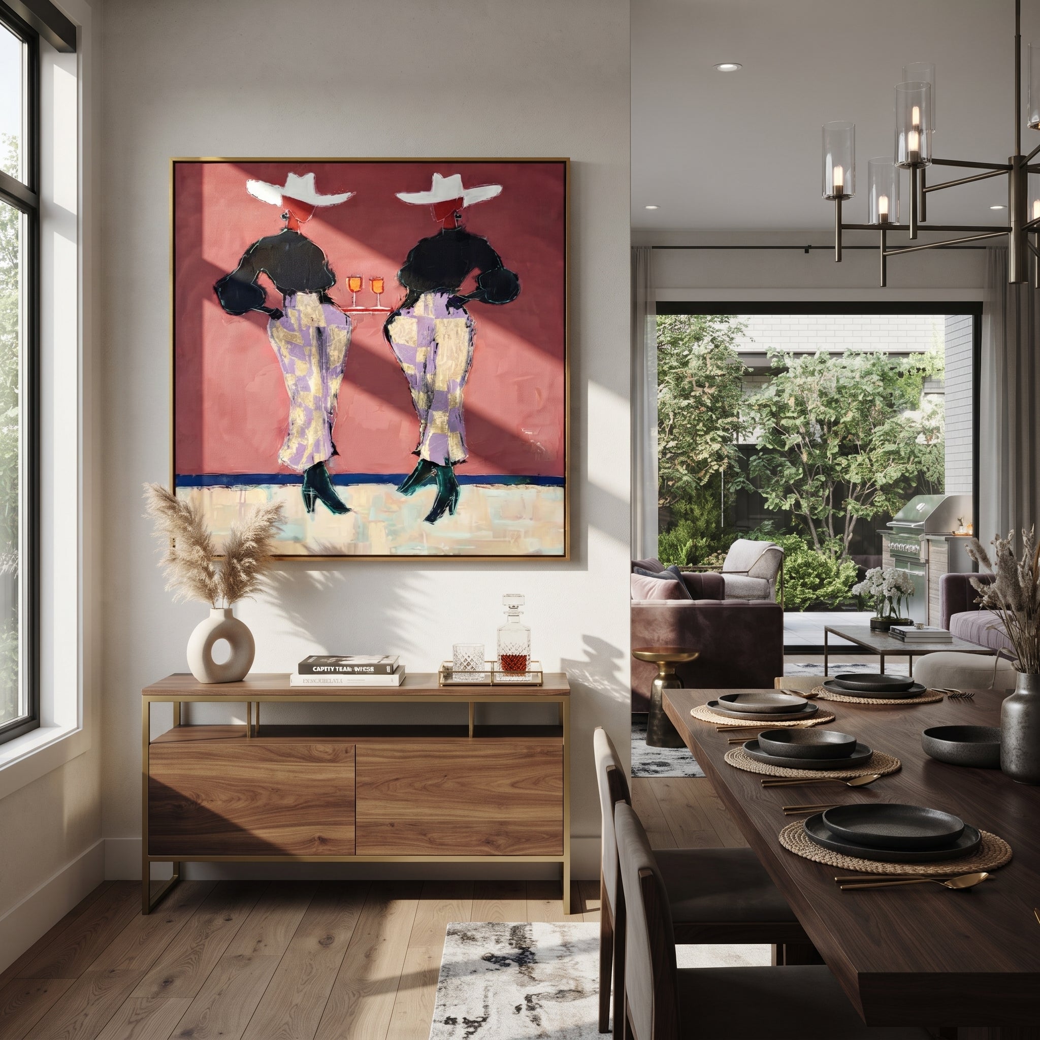 Two Glasses Mark Evening - cowgirl cocktail pair painting by Elliot Vale, modern figurative square wall art – styled room scene view 3