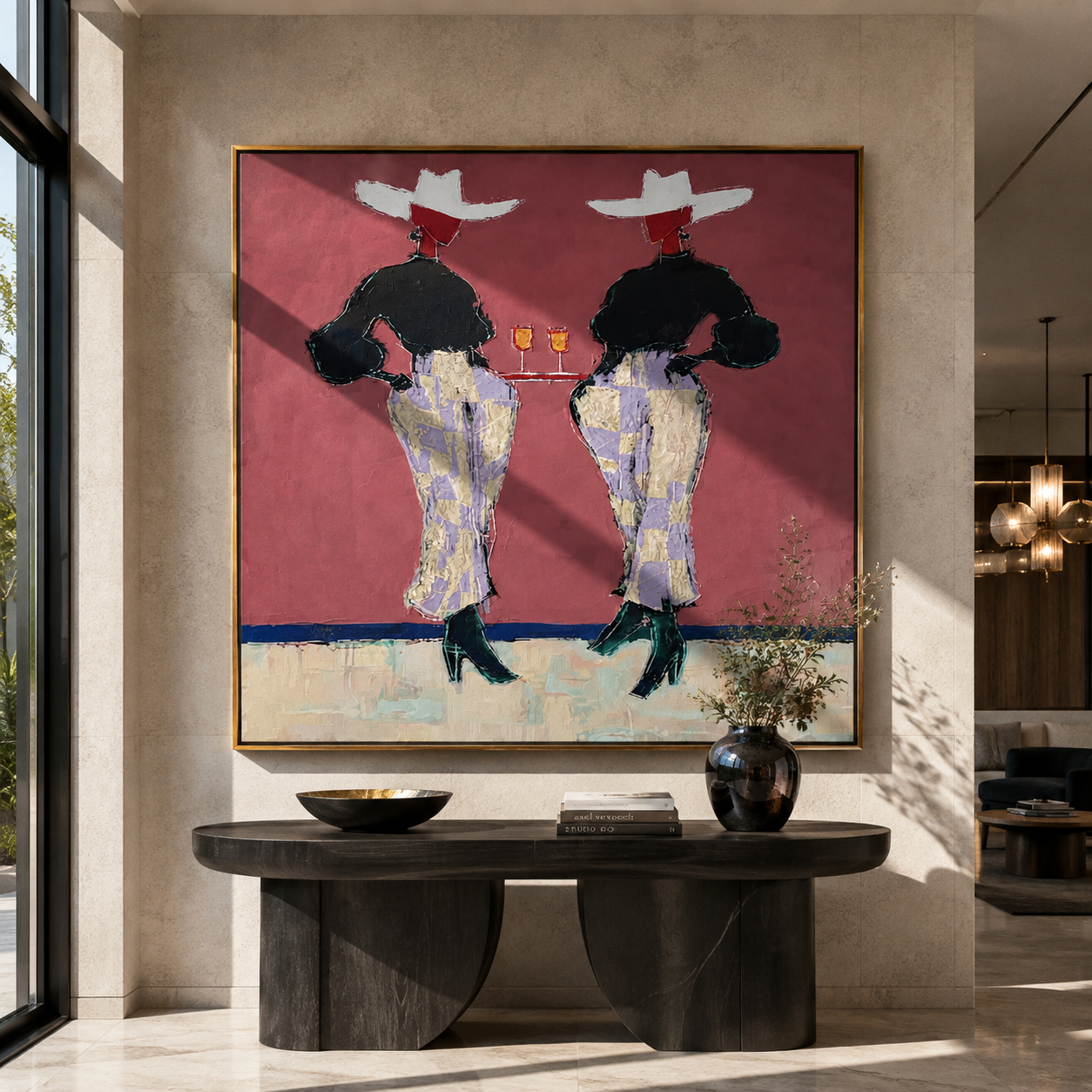 Two Glasses Mark Evening - cowgirl cocktail pair painting by Elliot Vale, modern figurative square wall art – styled room scene view 4
