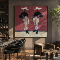 Two Glasses Mark Evening - cowgirl cocktail pair painting by Elliot Vale, modern figurative square wall art – styled room scene view 5