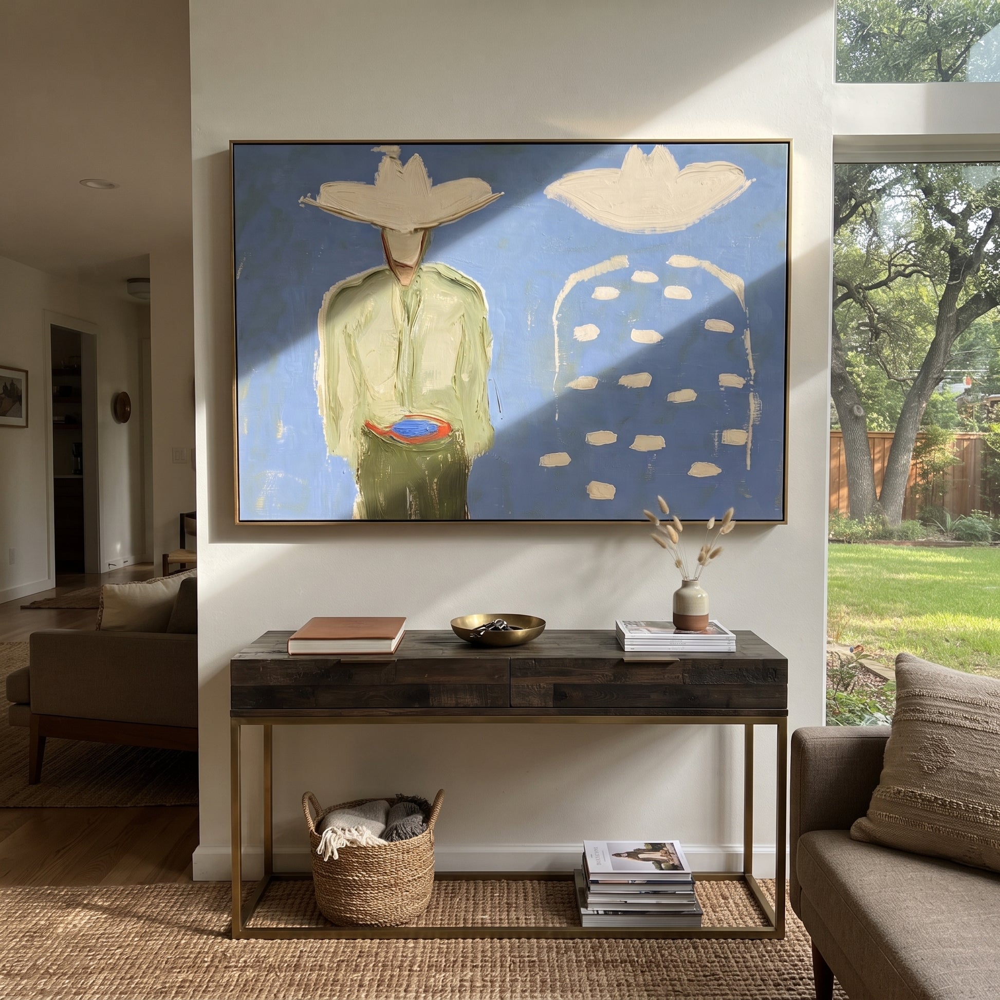 Blue Dots Remember Company - abstract companion figure painting by Elliot Vale, modern figurative horizontal wall art – styled room scene view 1