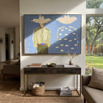 Blue Dots Remember Company - abstract companion figure painting by Elliot Vale, modern figurative horizontal wall art – styled room scene view 1