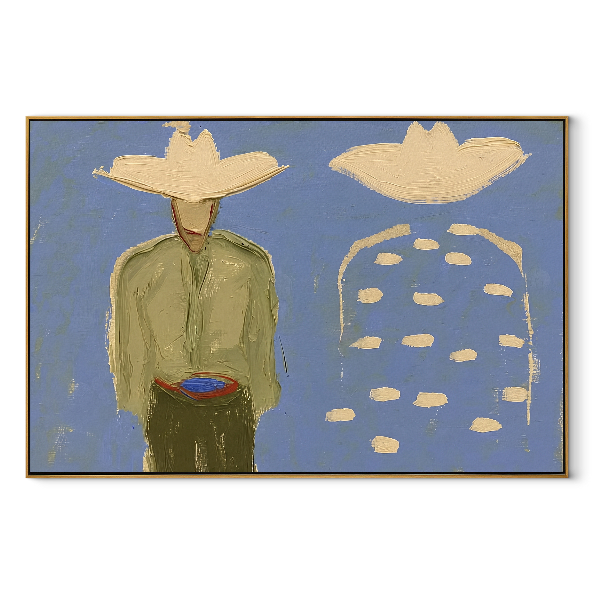 Blue Dots Remember Company - abstract companion figure painting by Elliot Vale, modern figurative horizontal wall art – wood frame on white background