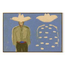 Blue Dots Remember Company - abstract companion figure painting by Elliot Vale, modern figurative horizontal wall art – wood frame on white background