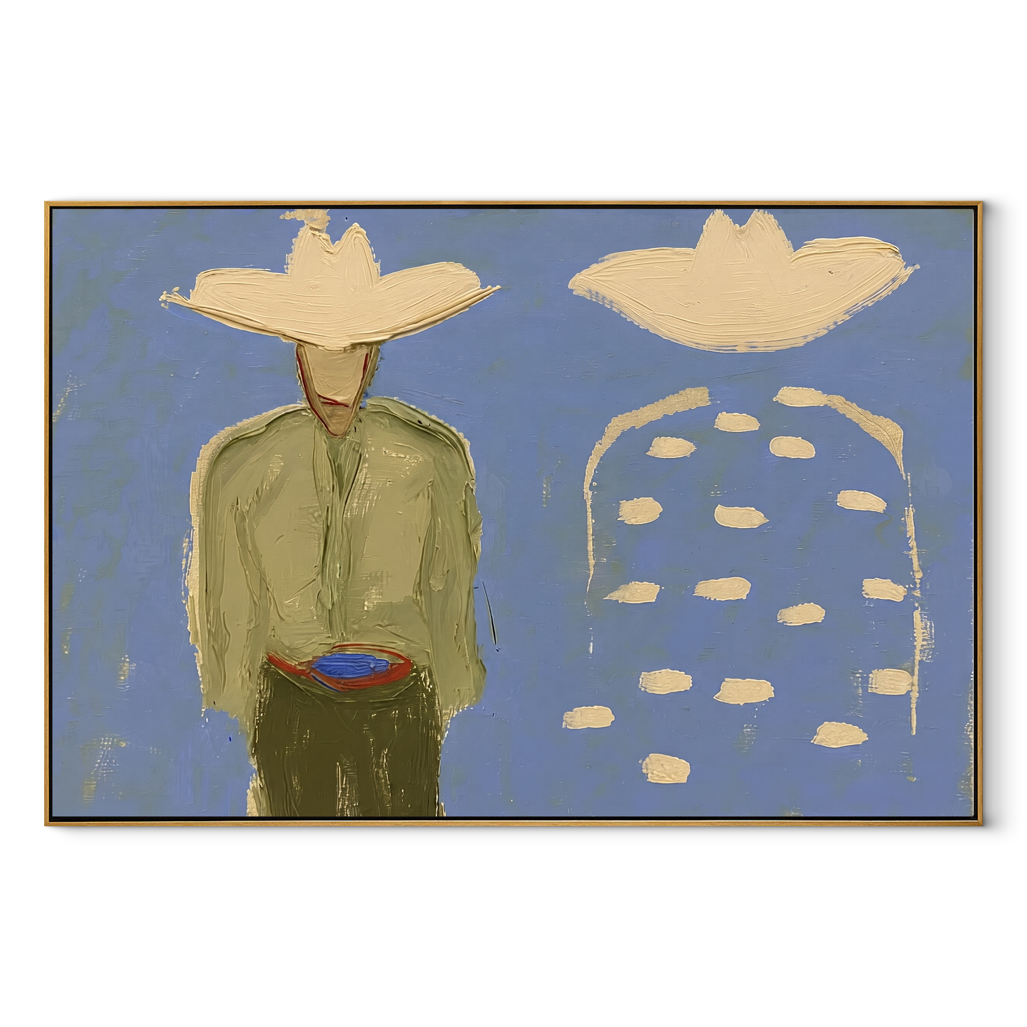 Blue Dots Remember Company - abstract companion figure painting by Elliot Vale, modern figurative horizontal wall art – wood frame on white background