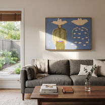 Blue Dots Remember Company - abstract companion figure painting by Elliot Vale, modern figurative horizontal wall art – styled room scene view 2