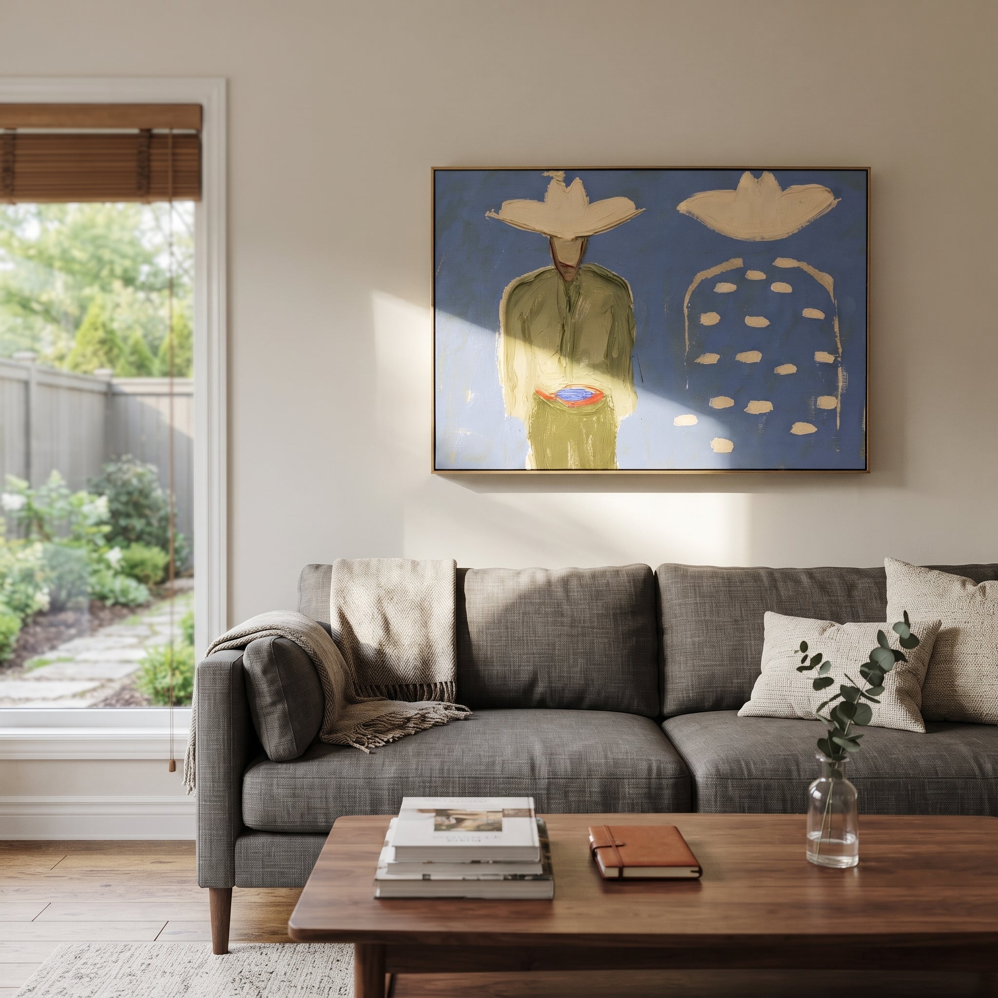 Blue Dots Remember Company - abstract companion figure painting by Elliot Vale, modern figurative horizontal wall art – styled room scene view 2