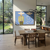Blue Dots Remember Company - abstract companion figure painting by Elliot Vale, modern figurative horizontal wall art – styled room scene view 3