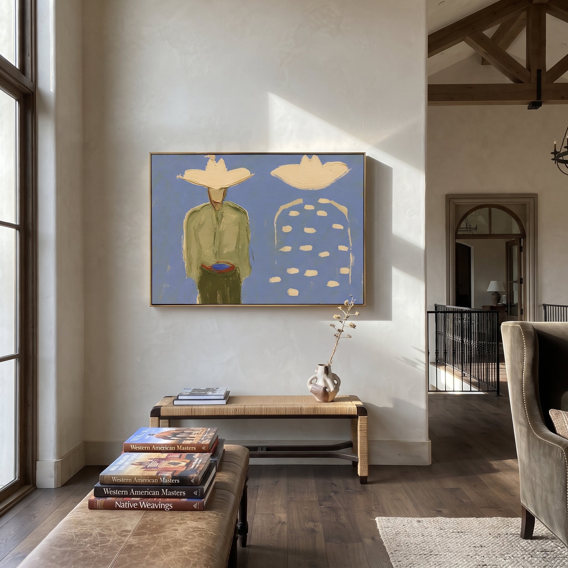 Blue Dots Remember Company - abstract companion figure painting by Elliot Vale, modern figurative horizontal wall art – styled room scene view 4