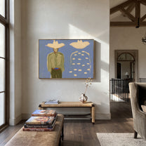 Blue Dots Remember Company - abstract companion figure painting by Elliot Vale, modern figurative horizontal wall art – styled room scene view 4