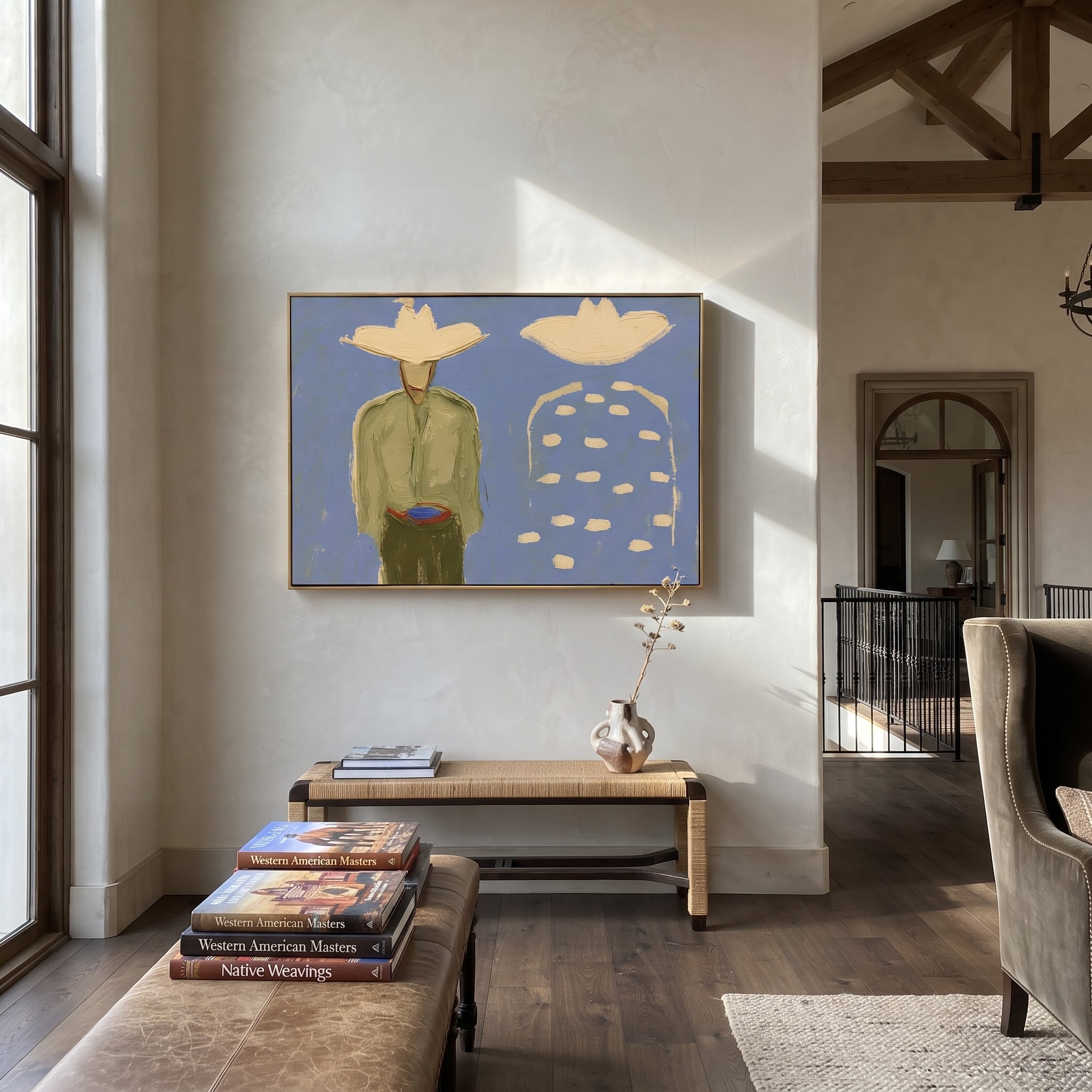 Blue Dots Remember Company - abstract companion figure painting by Elliot Vale, modern figurative horizontal wall art – styled room scene view 4