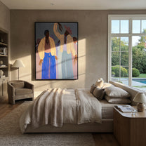 Four Figures Raise Rhythm - four figure gathering painting by Elliot Vale, modern figurative vertical wall art – styled room scene view 1