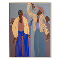 Four Figures Raise Rhythm - four figure gathering painting by Elliot Vale, modern figurative vertical wall art – wood frame on white background