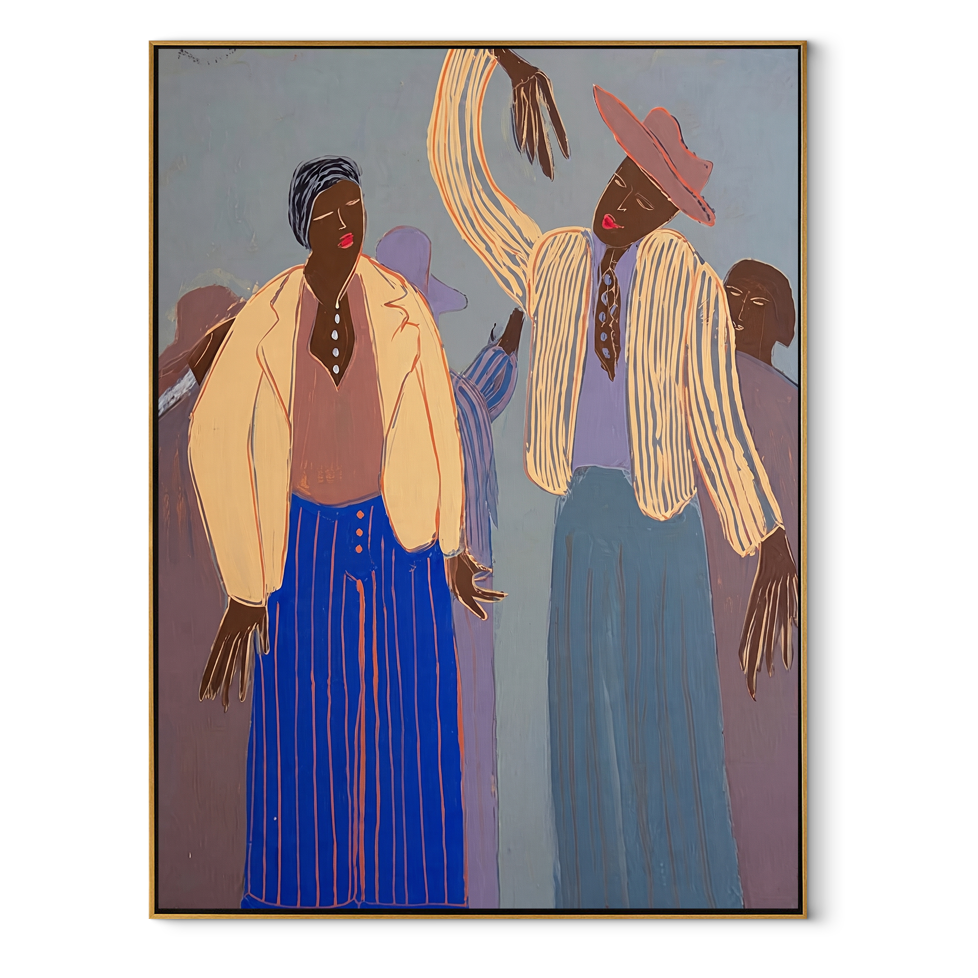 Four Figures Raise Rhythm - four figure gathering painting by Elliot Vale, modern figurative vertical wall art – wood frame on white background