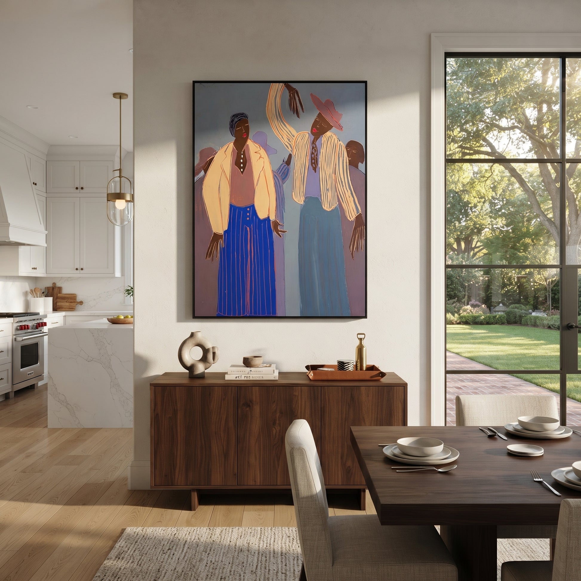 Four Figures Raise Rhythm - four figure gathering painting by Elliot Vale, modern figurative vertical wall art – styled room scene view 2