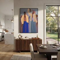 Four Figures Raise Rhythm - four figure gathering painting by Elliot Vale, modern figurative vertical wall art – styled room scene view 2