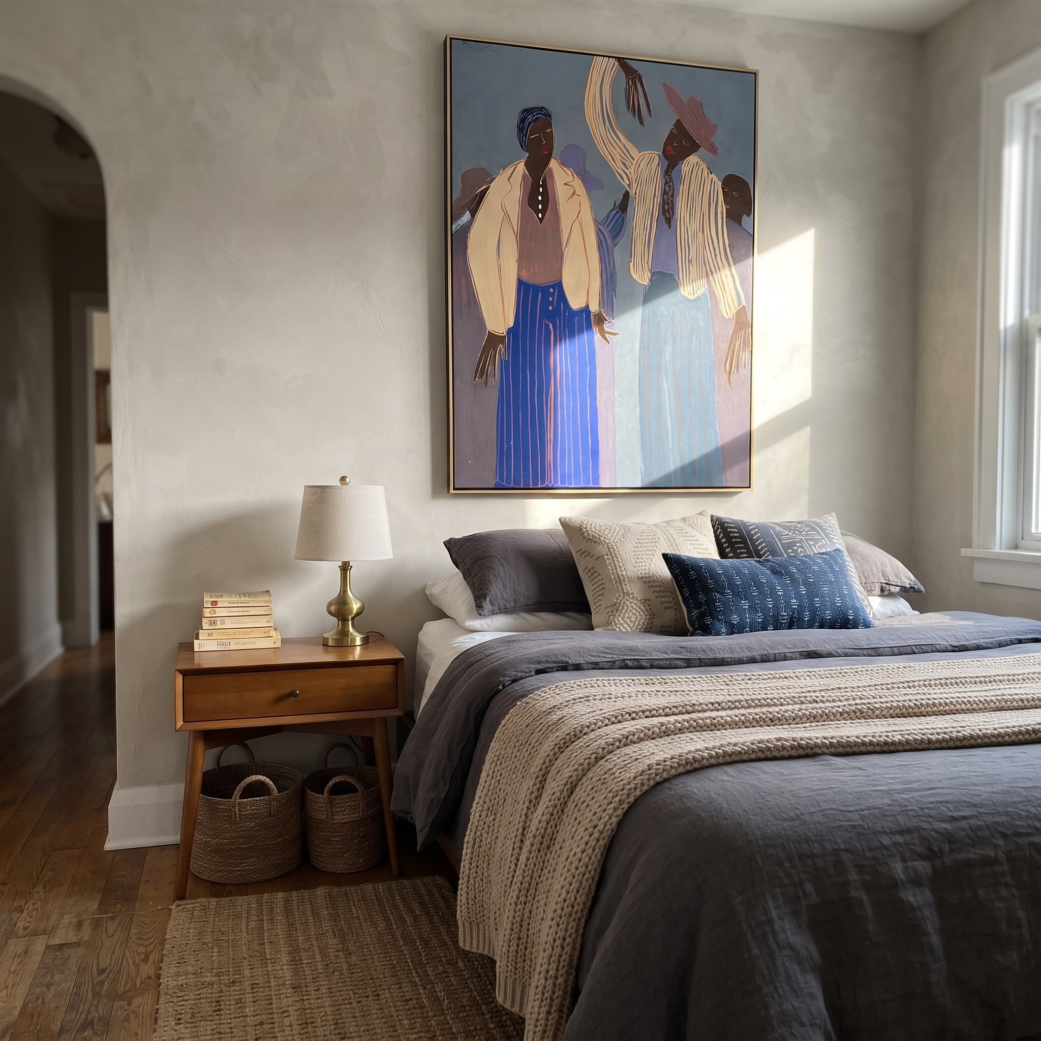 Four Figures Raise Rhythm - four figure gathering painting by Elliot Vale, modern figurative vertical wall art – styled room scene view 3