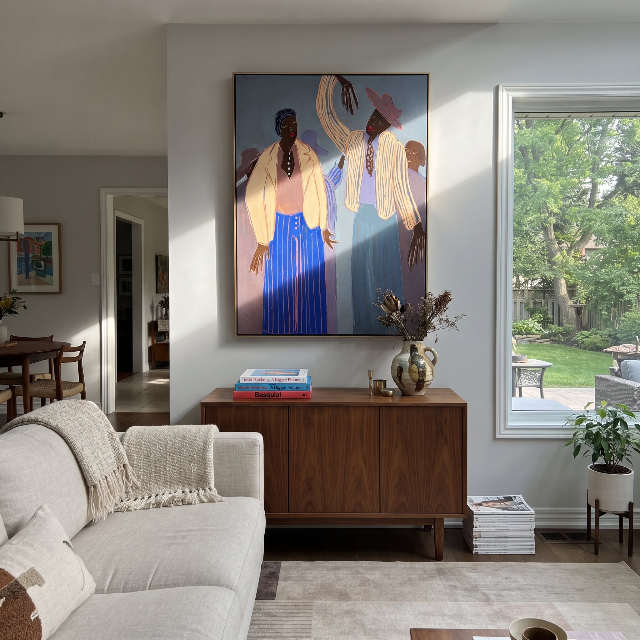 Four Figures Raise Rhythm - four figure gathering painting by Elliot Vale, modern figurative vertical wall art – styled room scene view 5