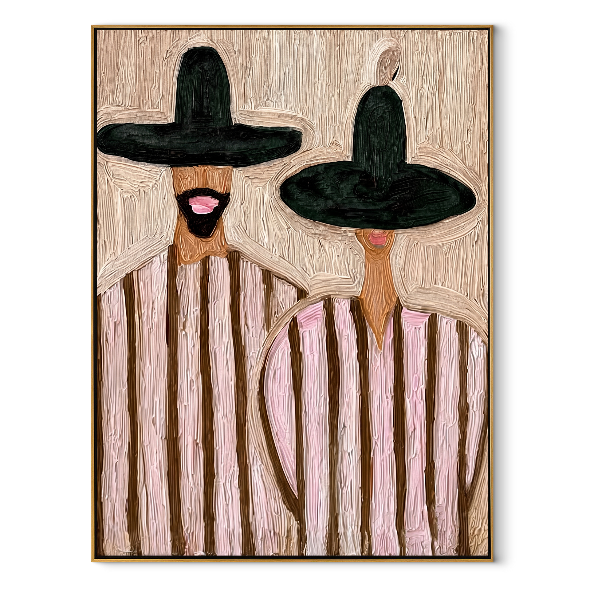 Black Brims Frame Blush - black hat striped pair painting by Elliot Vale, modern figurative vertical wall art – wood frame on white background